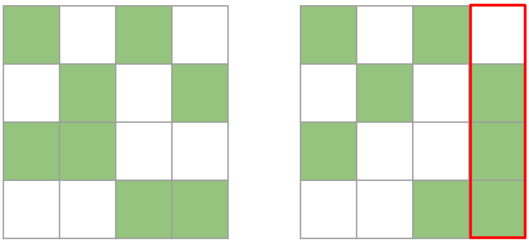 Both matrices are valid 2:4 matrices. However, the right one is no longer a valid 2:4 matrix once transposed because one column contains more than 2 elements
