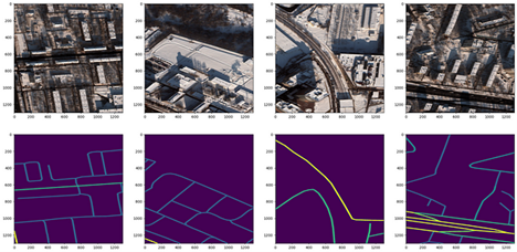 Satellite image 3-channel RGB chips from Moscow (top row) and corresponding pixel segmentation masks with varying speed limits