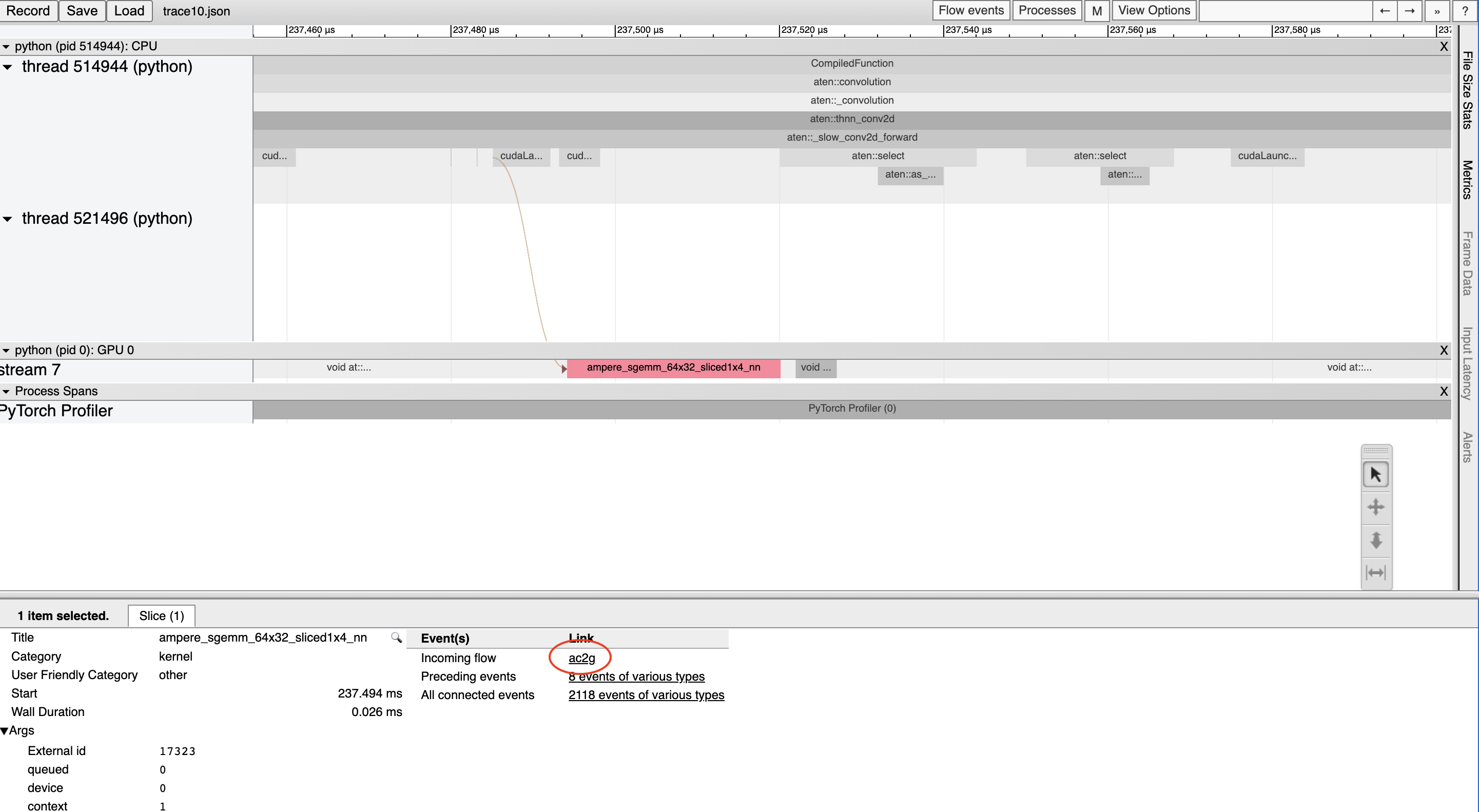 Visualization in the chrome://trace viewer, showing an async flow between a kernel and its launching location.
